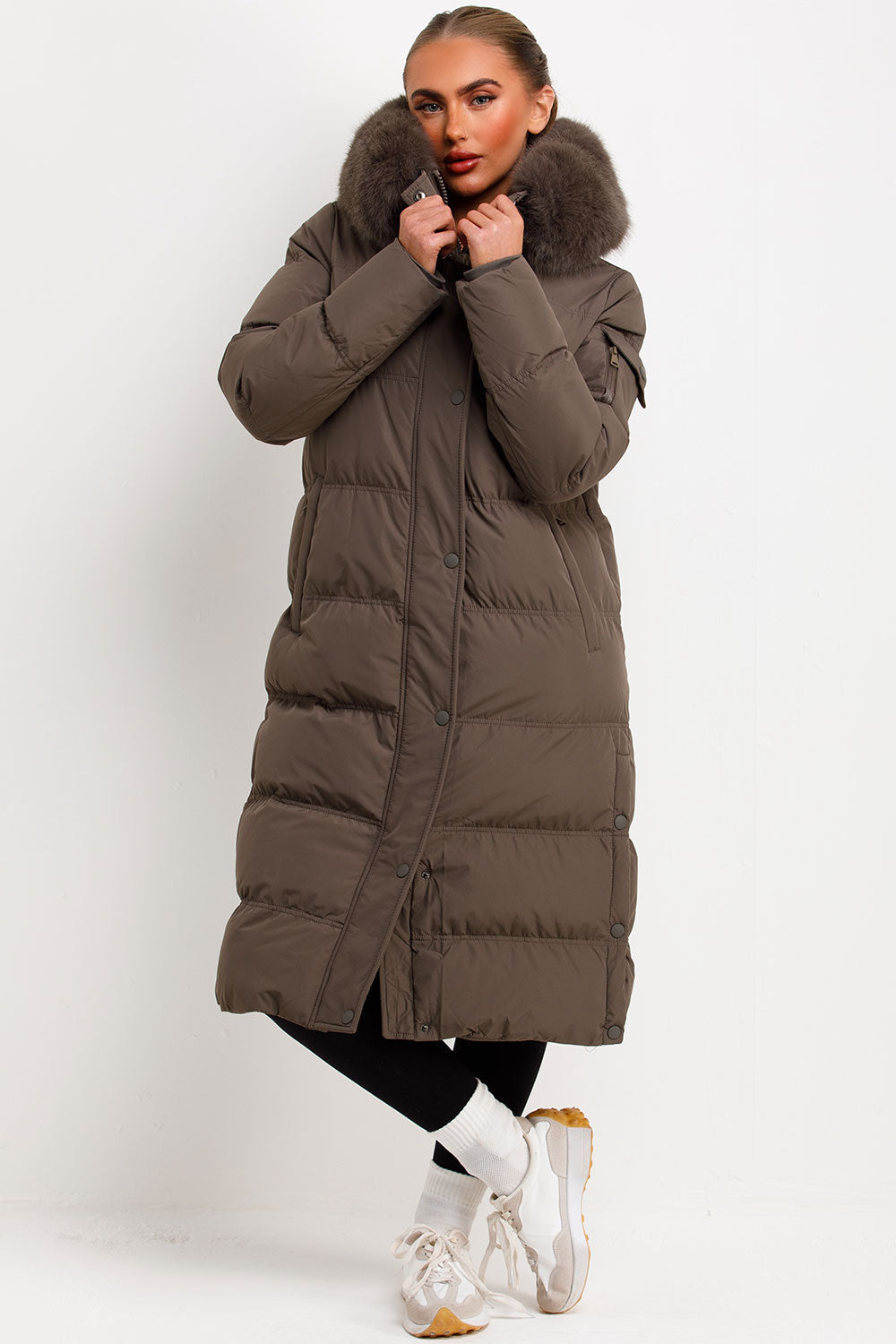 Long Puffer Coat With Fur Hood Khaki