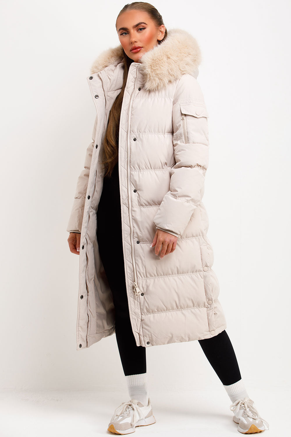 Long Puffer Coat With Fur Hood Beige