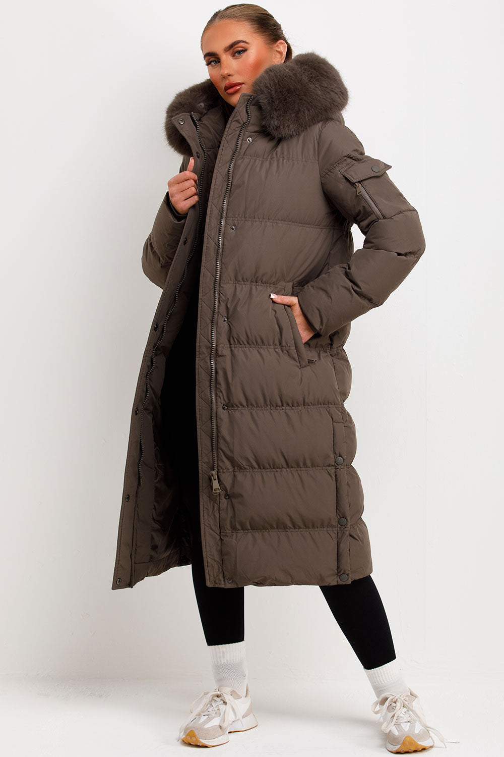 Long Puffer Coat With Fur Hood Khaki