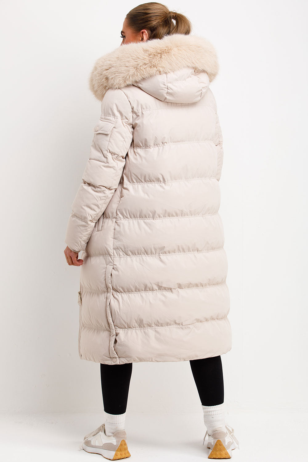 Long Puffer Coat With Fur Hood Beige