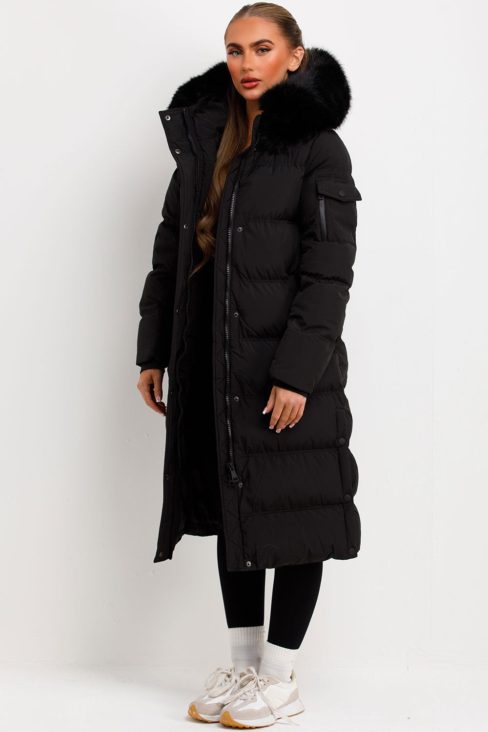 Long Puffer Coat With Fur Hood Black