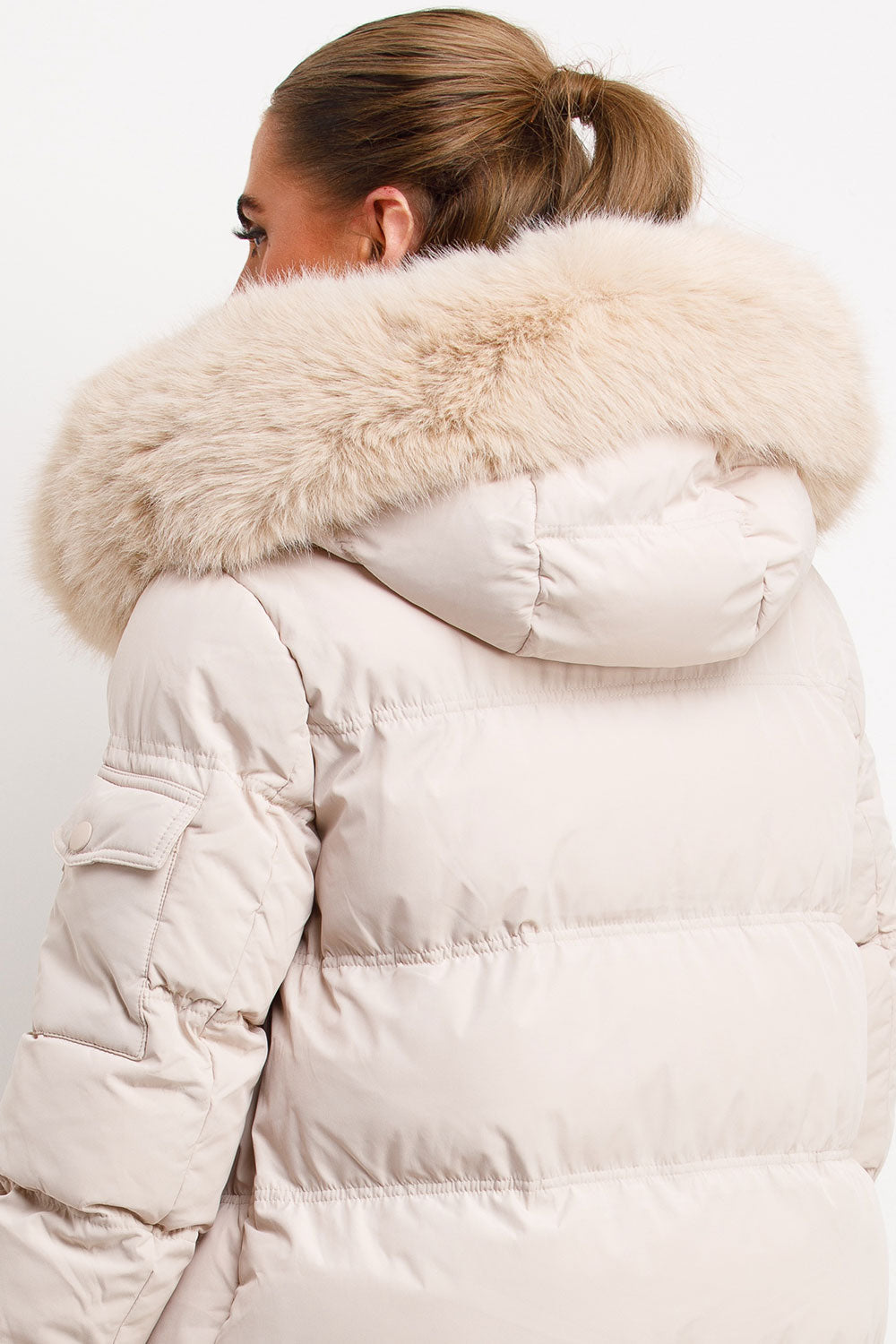 Long Puffer Coat With Fur Hood Beige