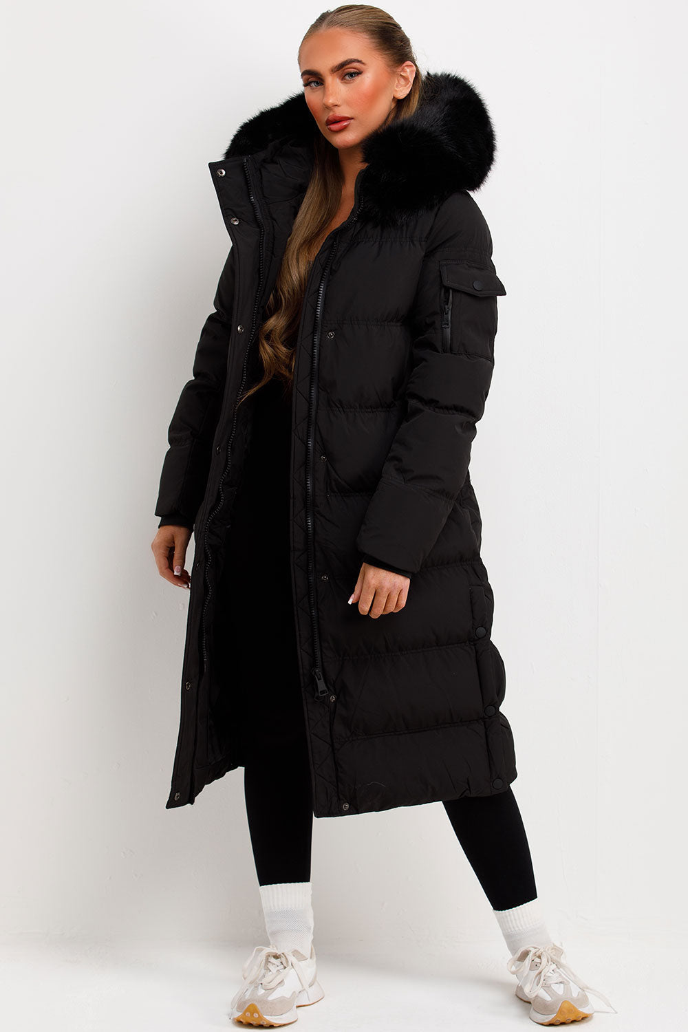 Long Puffer Coat With Fur Hood Black