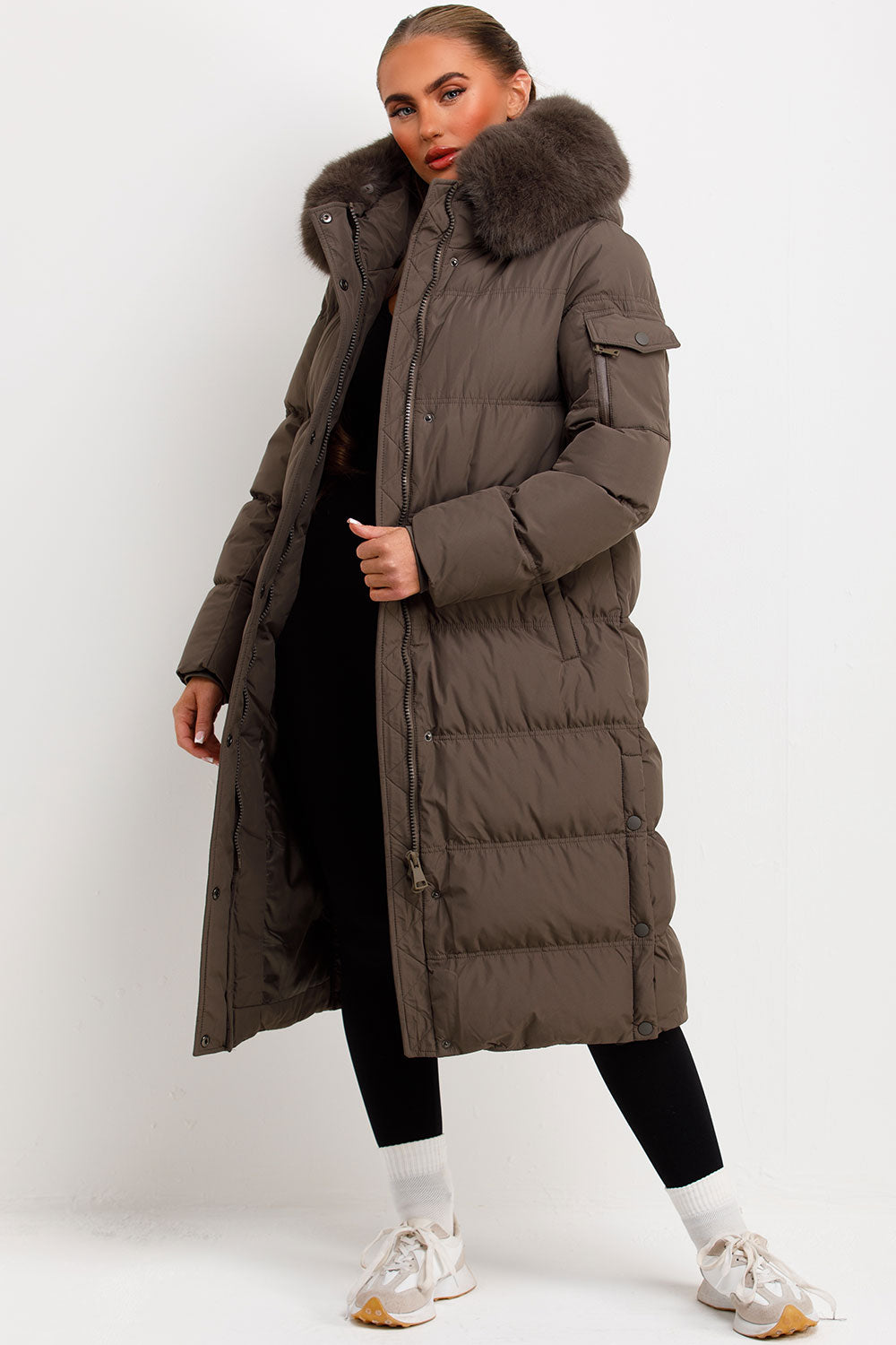 Long Puffer Coat With Fur Hood Khaki