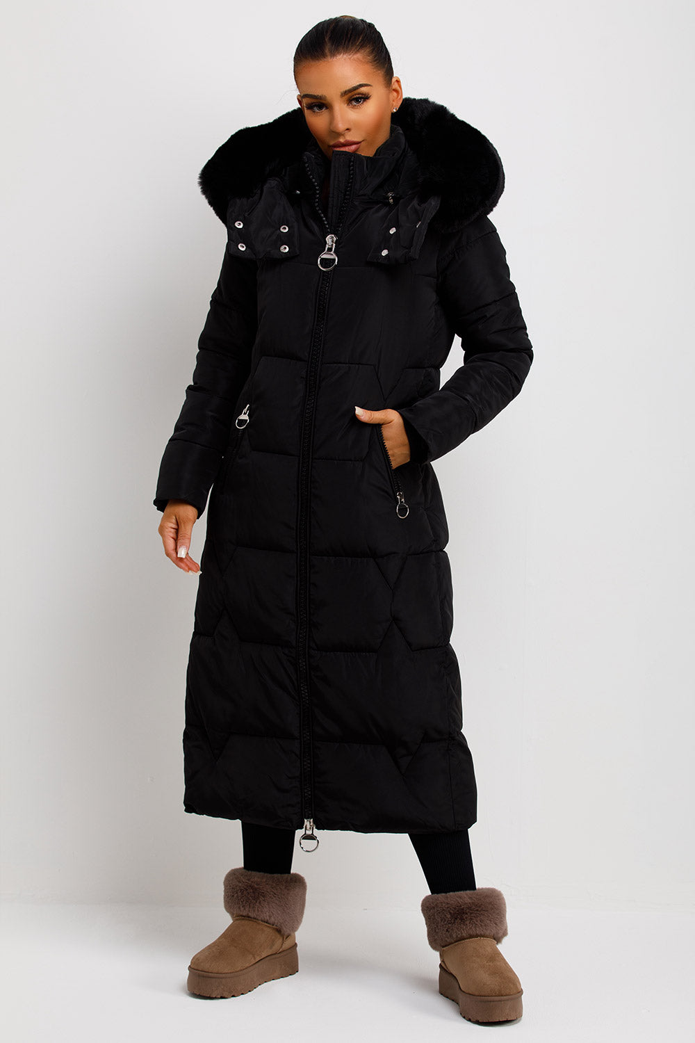 Long Puffer Padded Coat With Faux Fur Hood Black