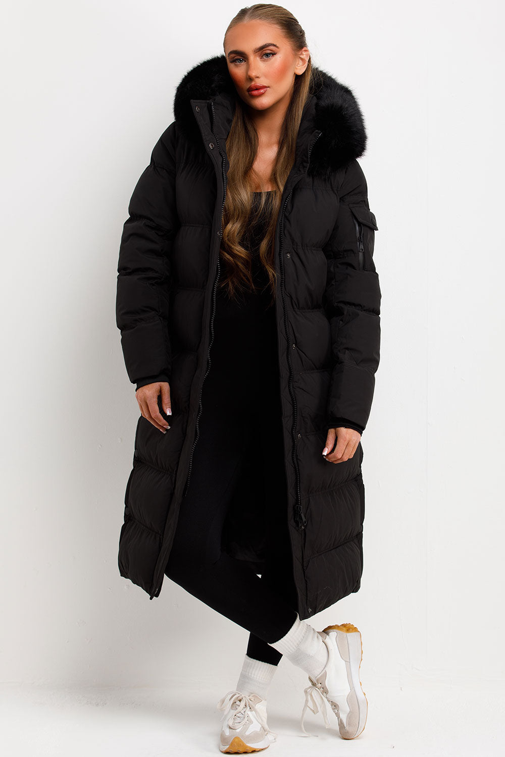 Long Puffer Coat With Fur Hood Black