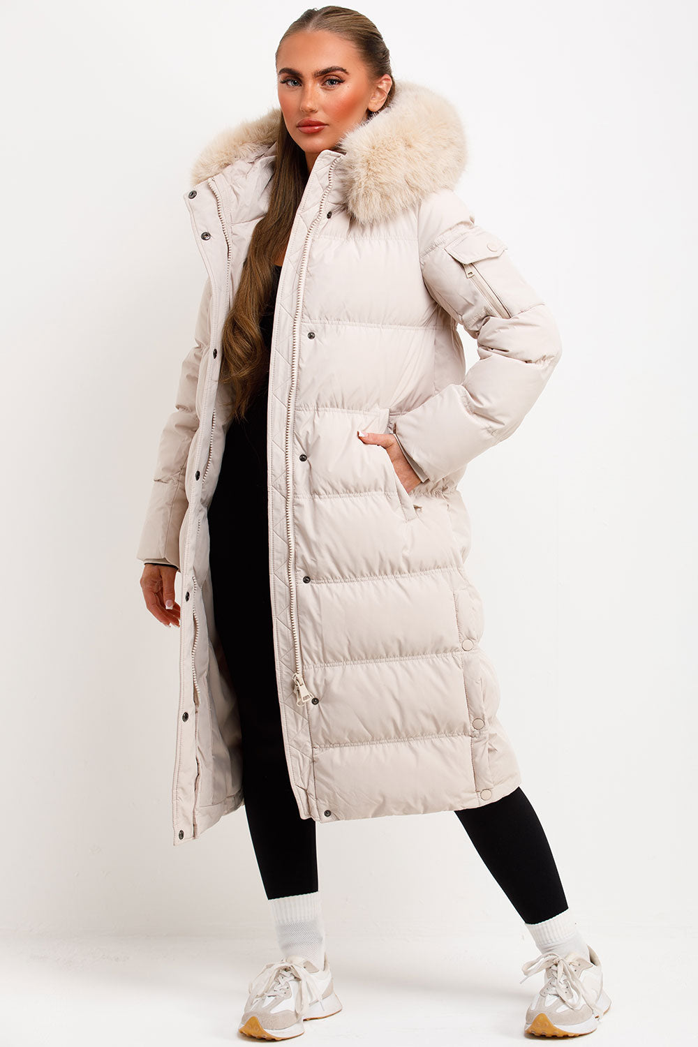 Long Puffer Coat With Fur Hood Beige