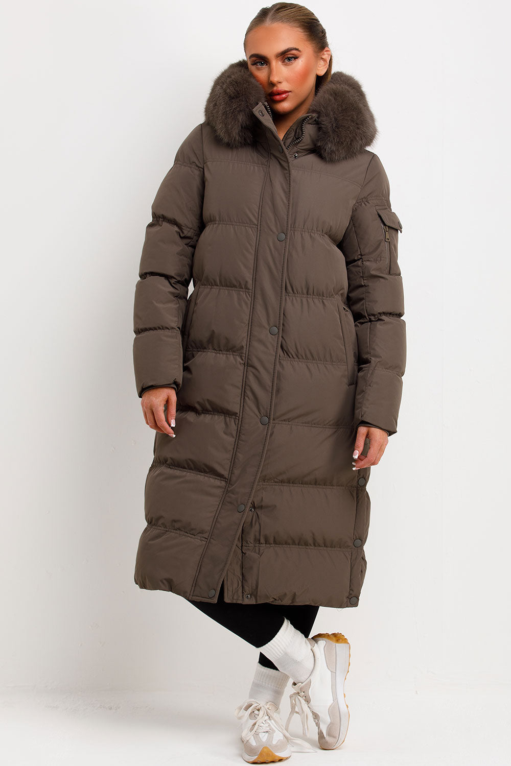 Long Puffer Coat With Fur Hood Khaki