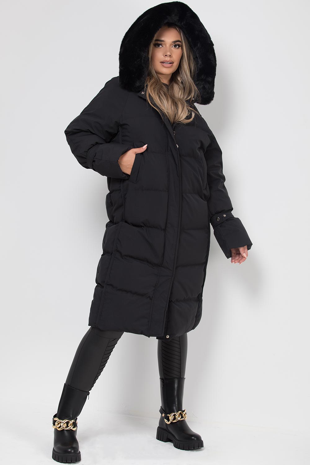 Long Puffer Down Coat With Faux Fur Hood Black