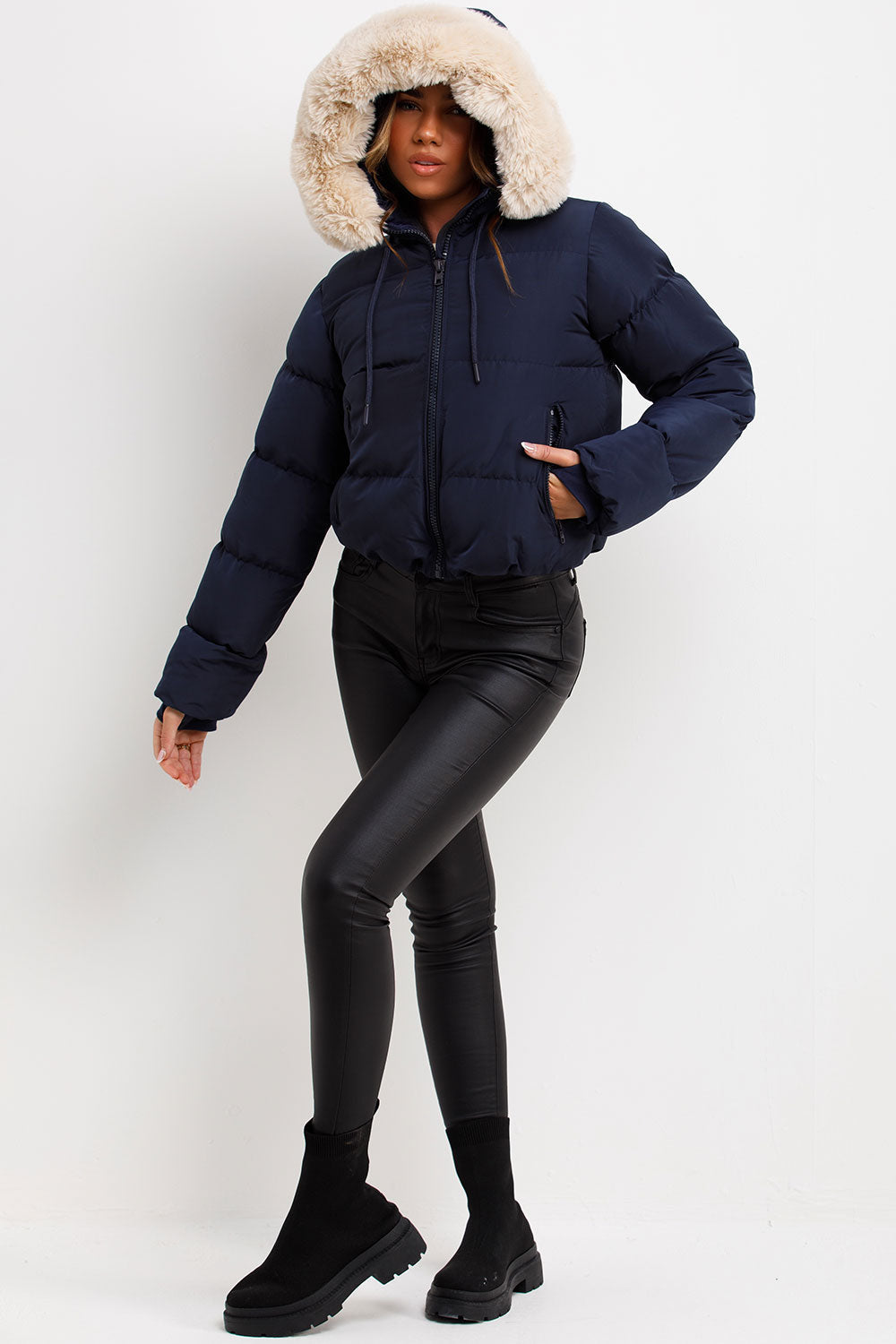 Puffer Jacket With Fur Hood Navy