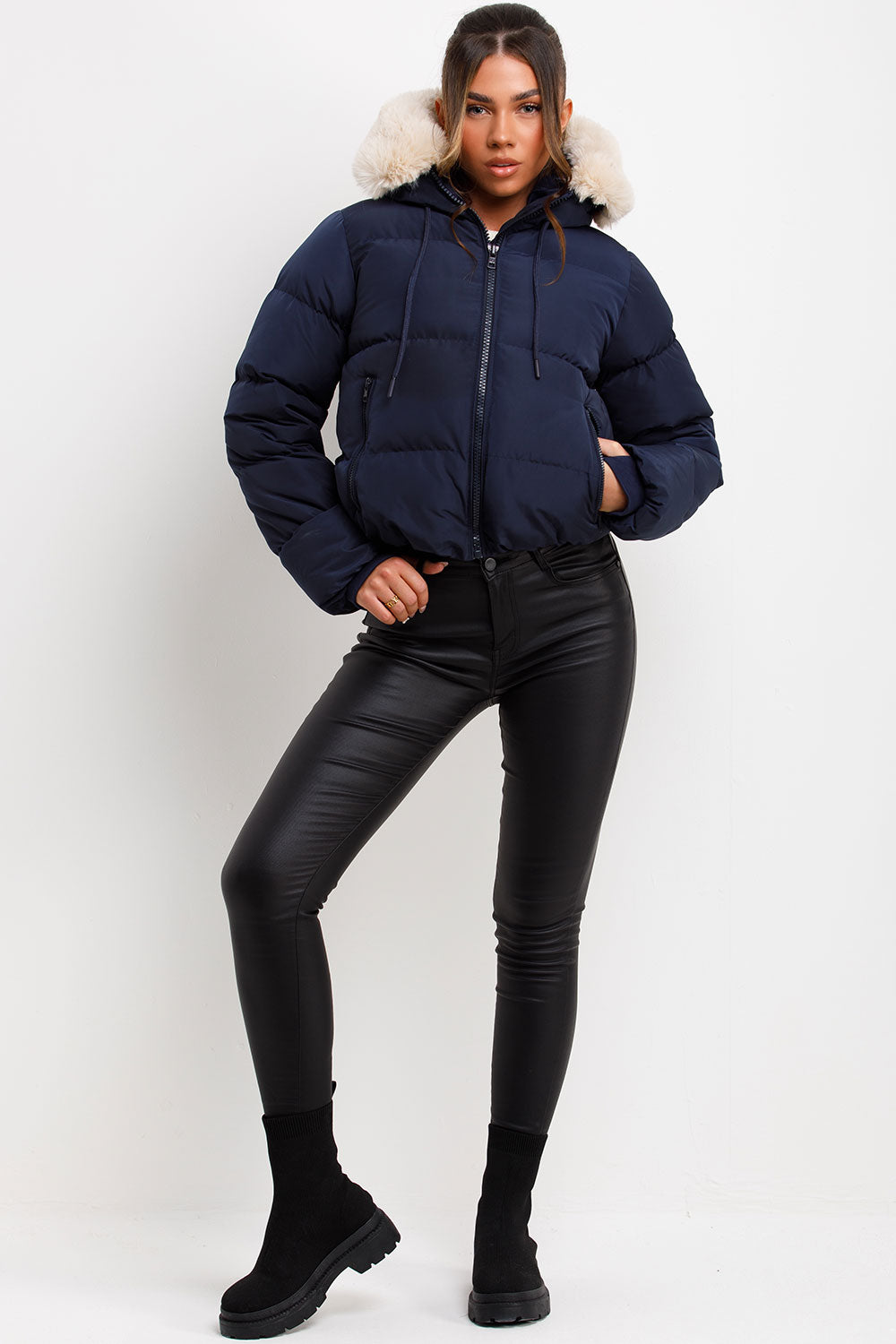 Puffer Jacket With Fur Hood Navy