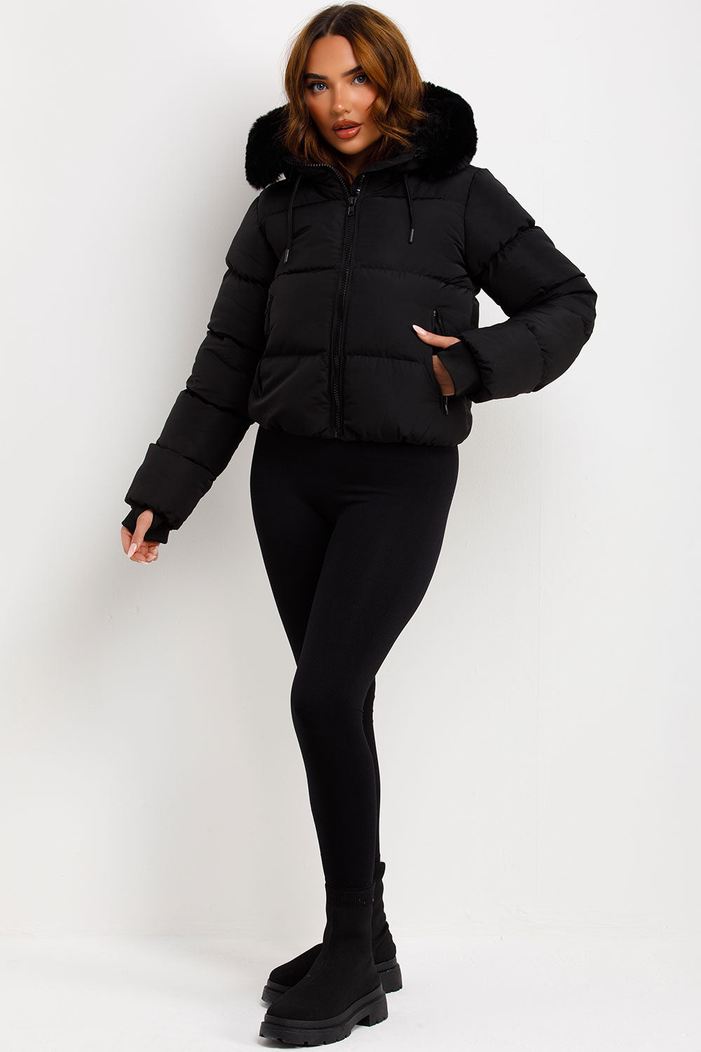 Black Puffer Jacket With Fur Hood