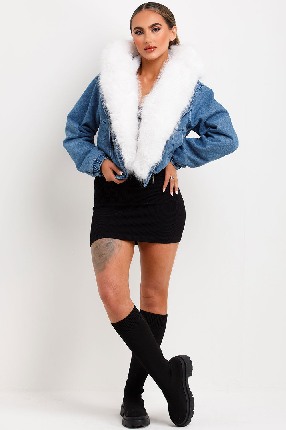 Denim Bomber Jacket With White Faux Fur Hood And Trim