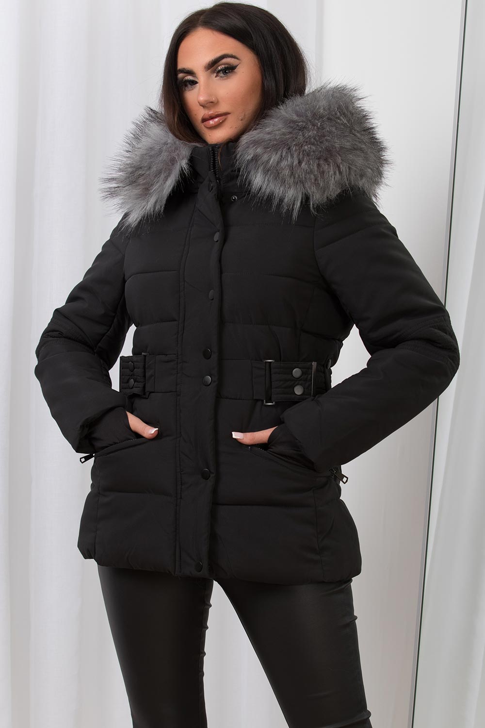 Faux Fur Hood Puffer Jacket With Buckle Belt Black