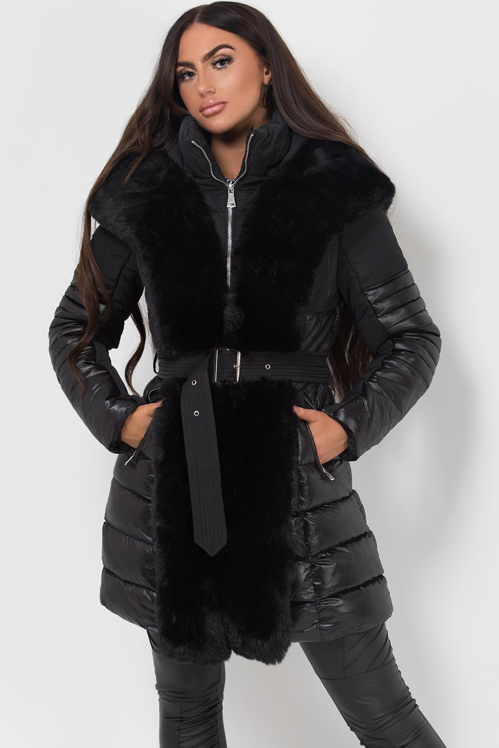 Black Puffer Coat With Faux Fur Hood And Trim