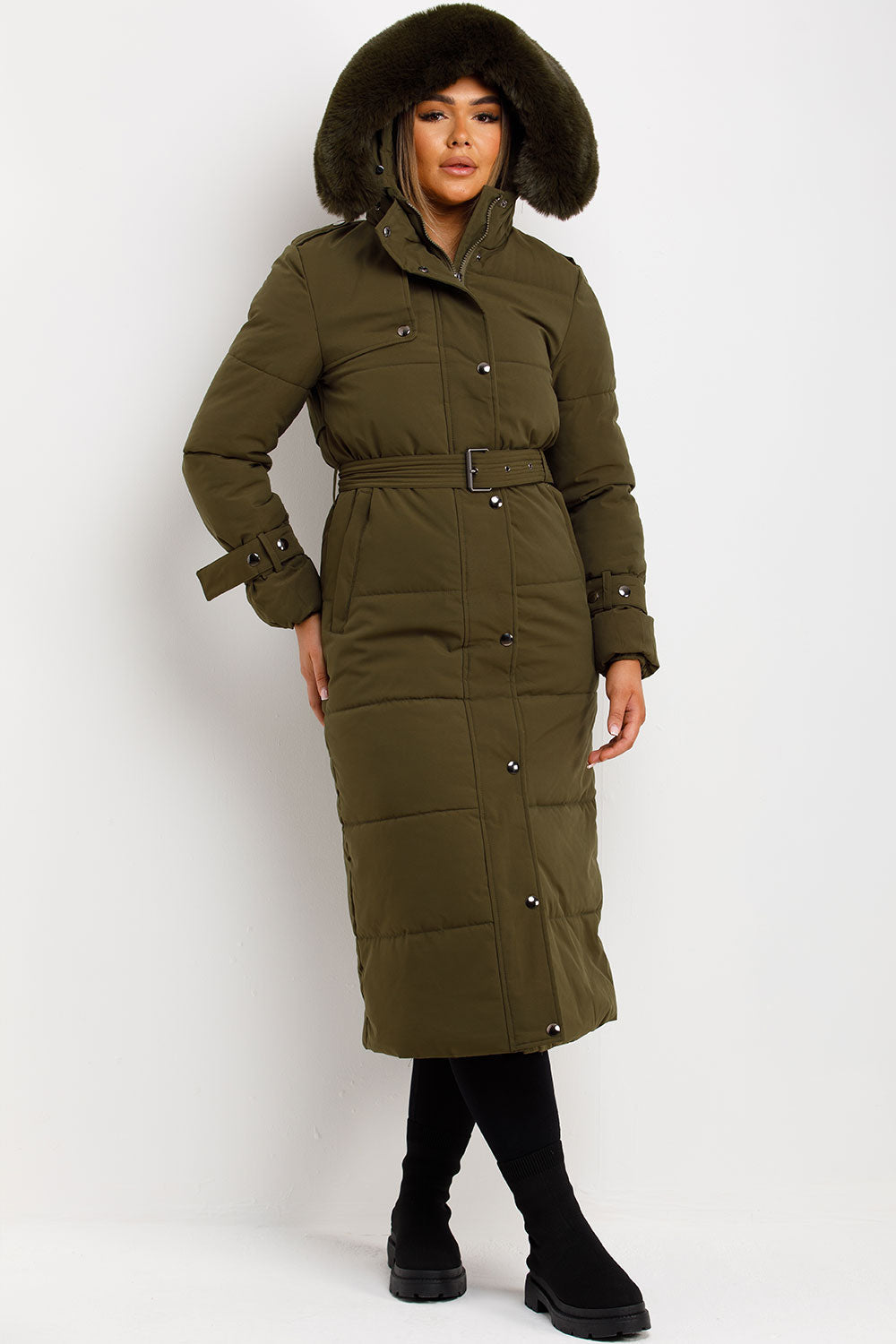 Long Puffer Trench Coat With Belt And Faux Fur Hood Khaki