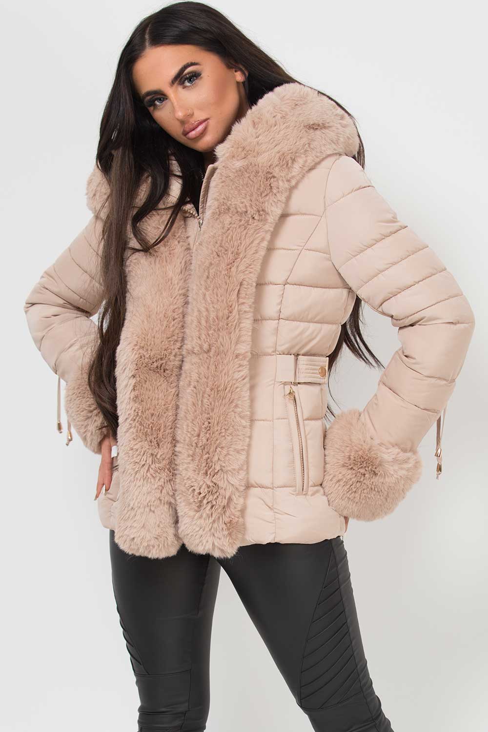 Beige Puffer Jacket With Faux Fur Hood And Cuff