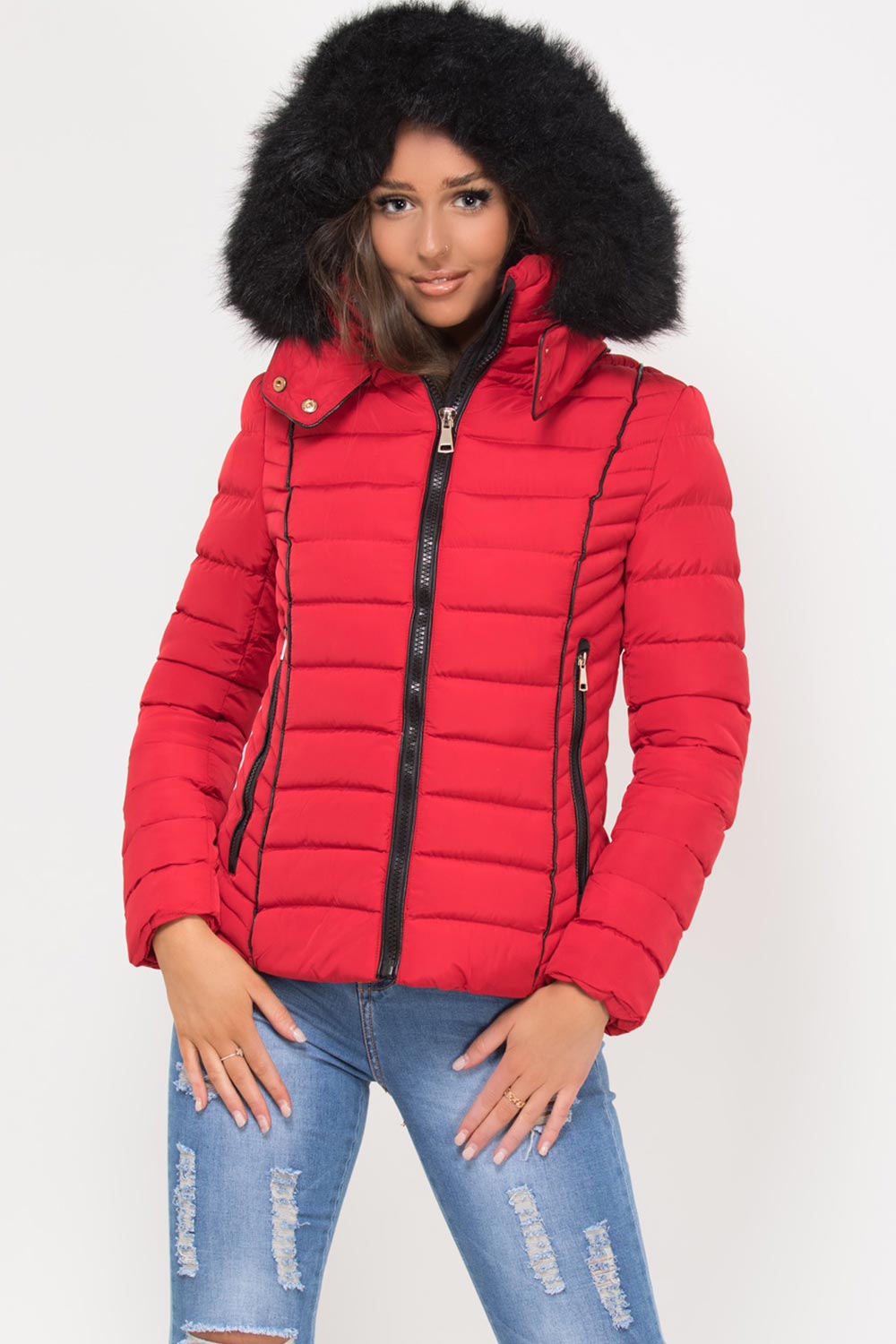 Puffer Jacket With Faux fur Hood And Quilted Detail Red