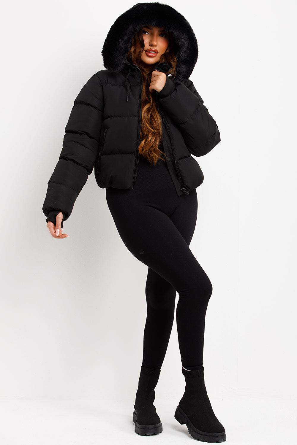 Black Puffer Jacket With Fur Hood