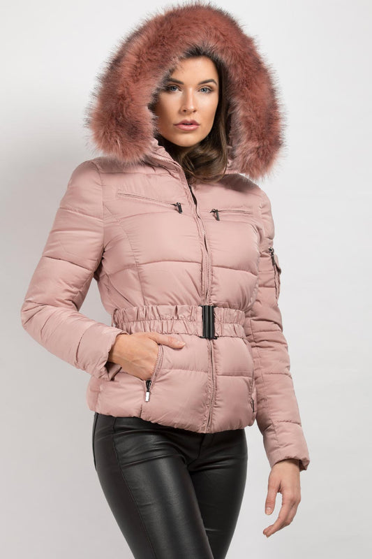 Pink Faux Fur Hooded Puffer Coat With Belt