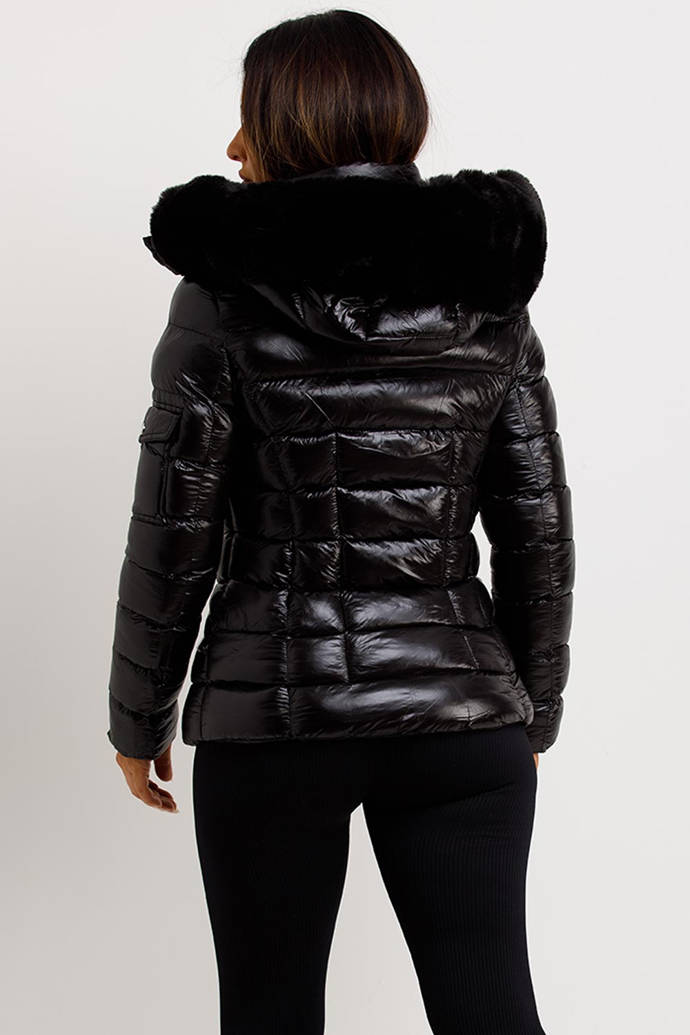 Black Shiny Puffer Jacket With Fur Hood