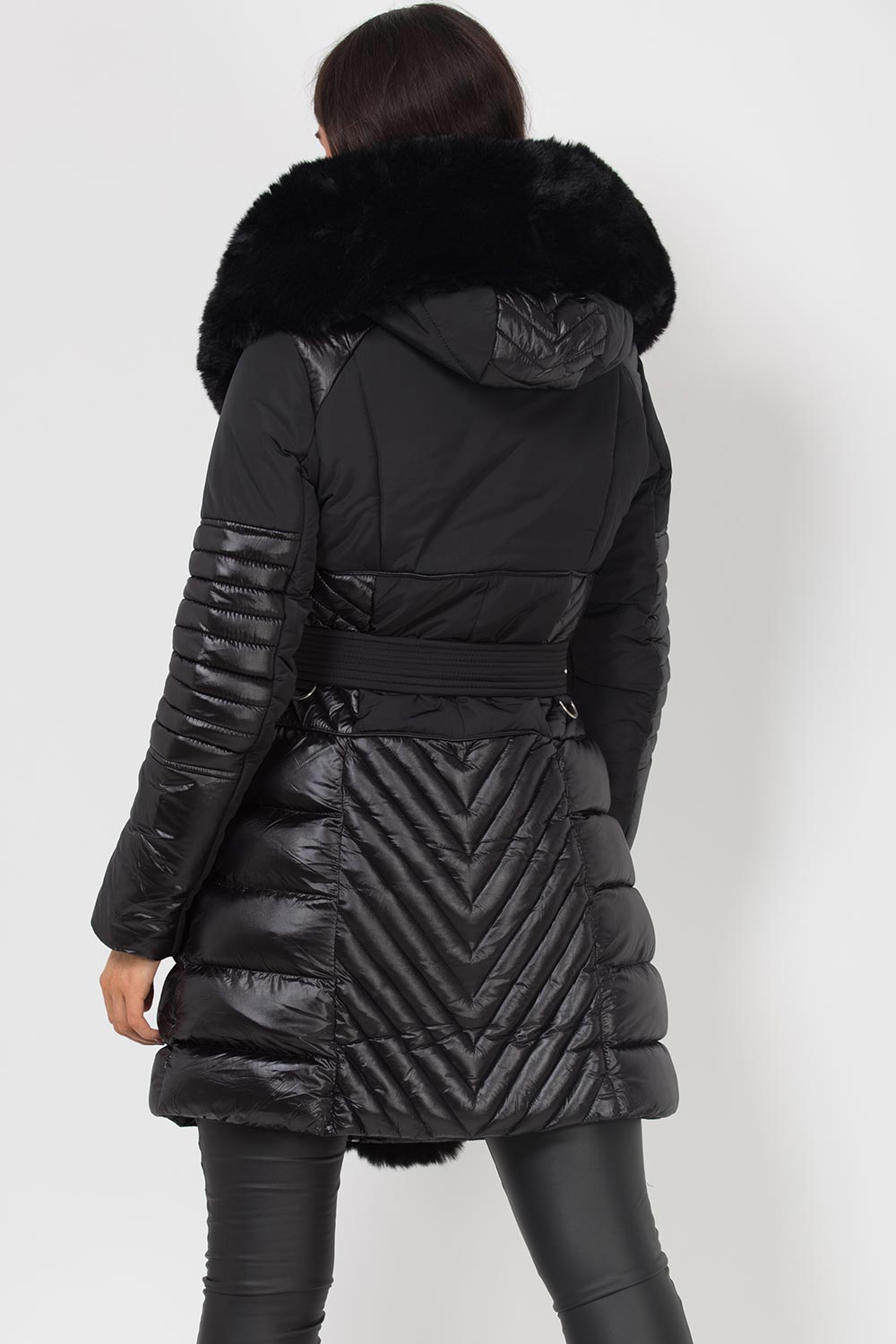 Black Puffer Coat With Faux Fur Hood And Trim