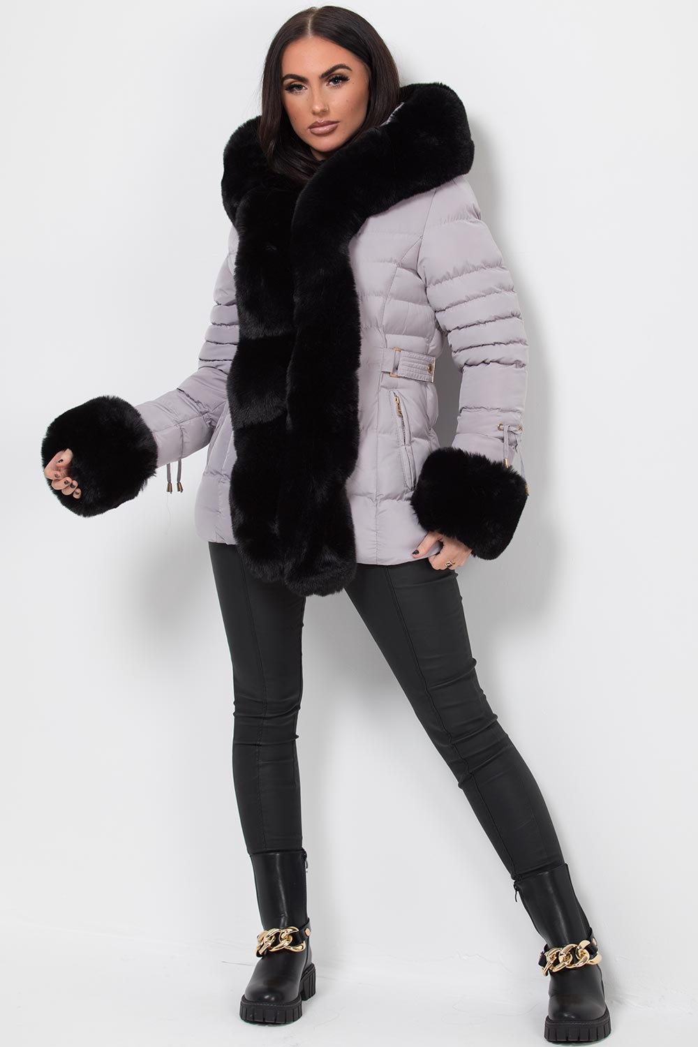 Grey Puffer Coat With Faux Fur Hood And Cuff