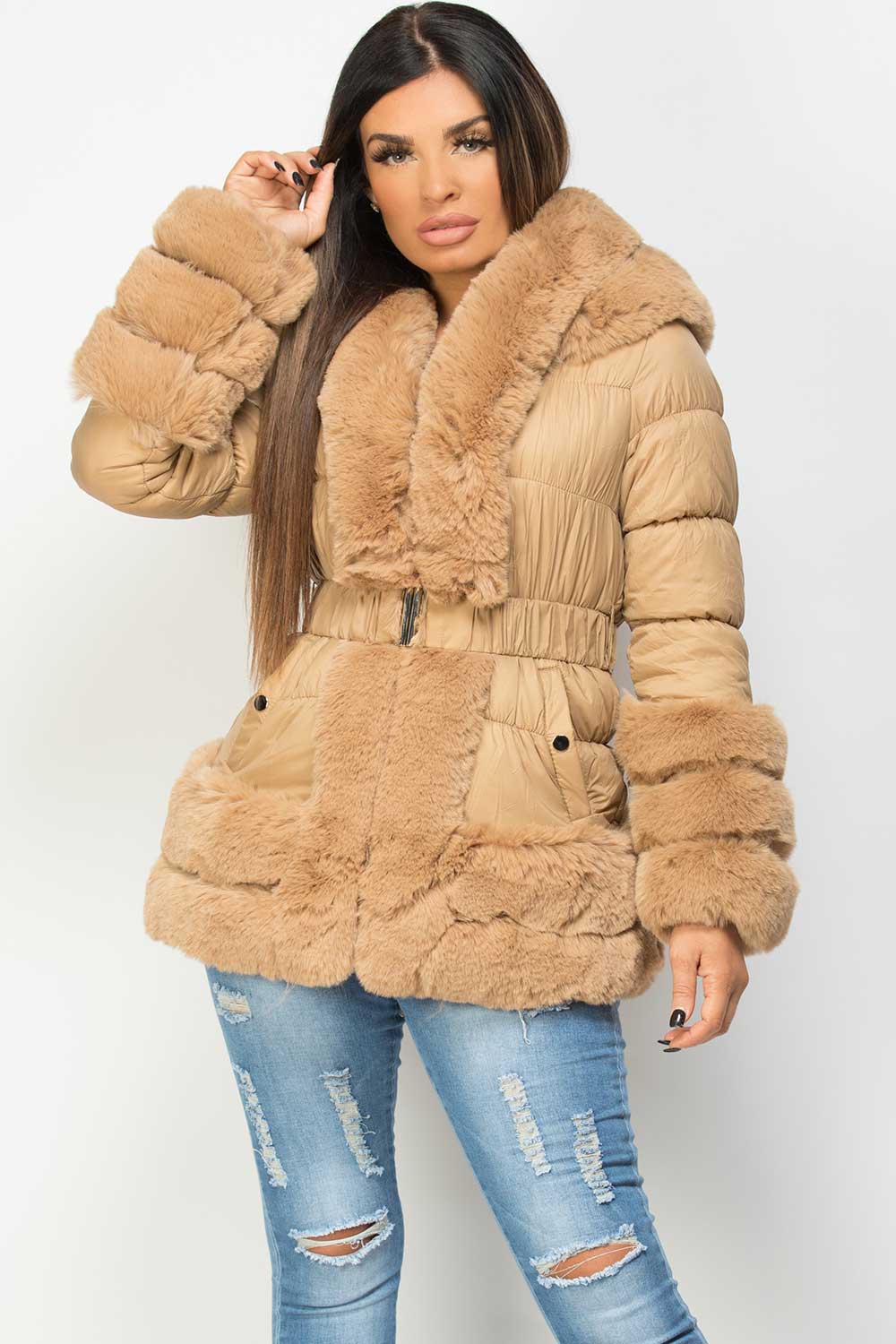 Faux Fur Trim Puffer Hooded Down Jacket With Belt Camel