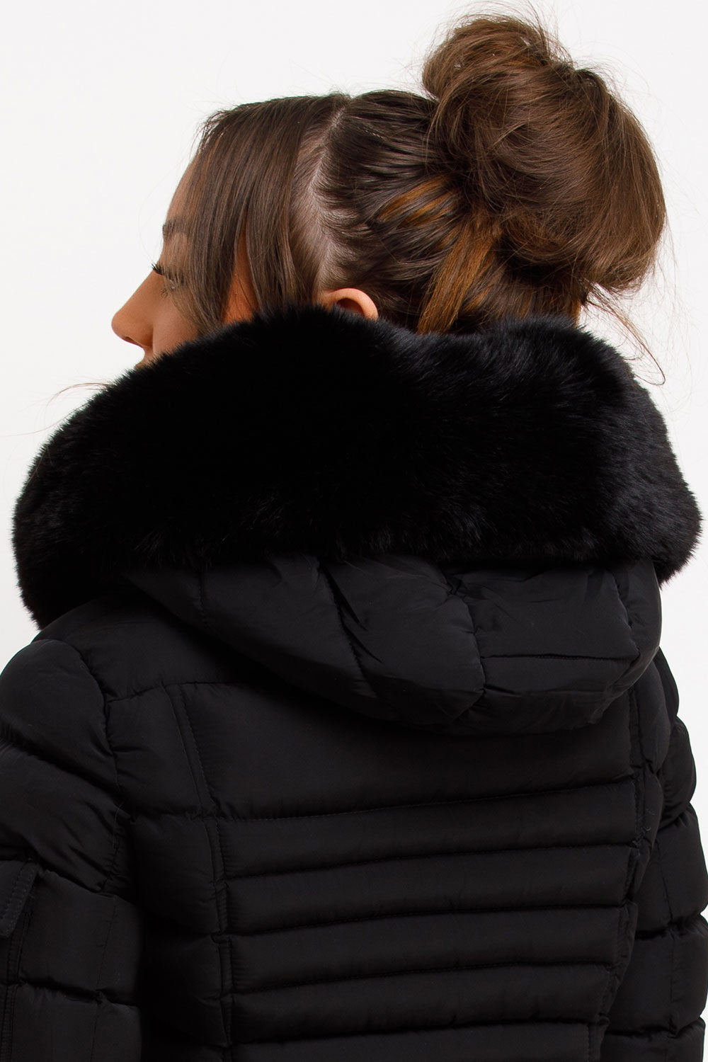 Puffer Jacket With Faux Fur Hood Side Buckle Detail Black