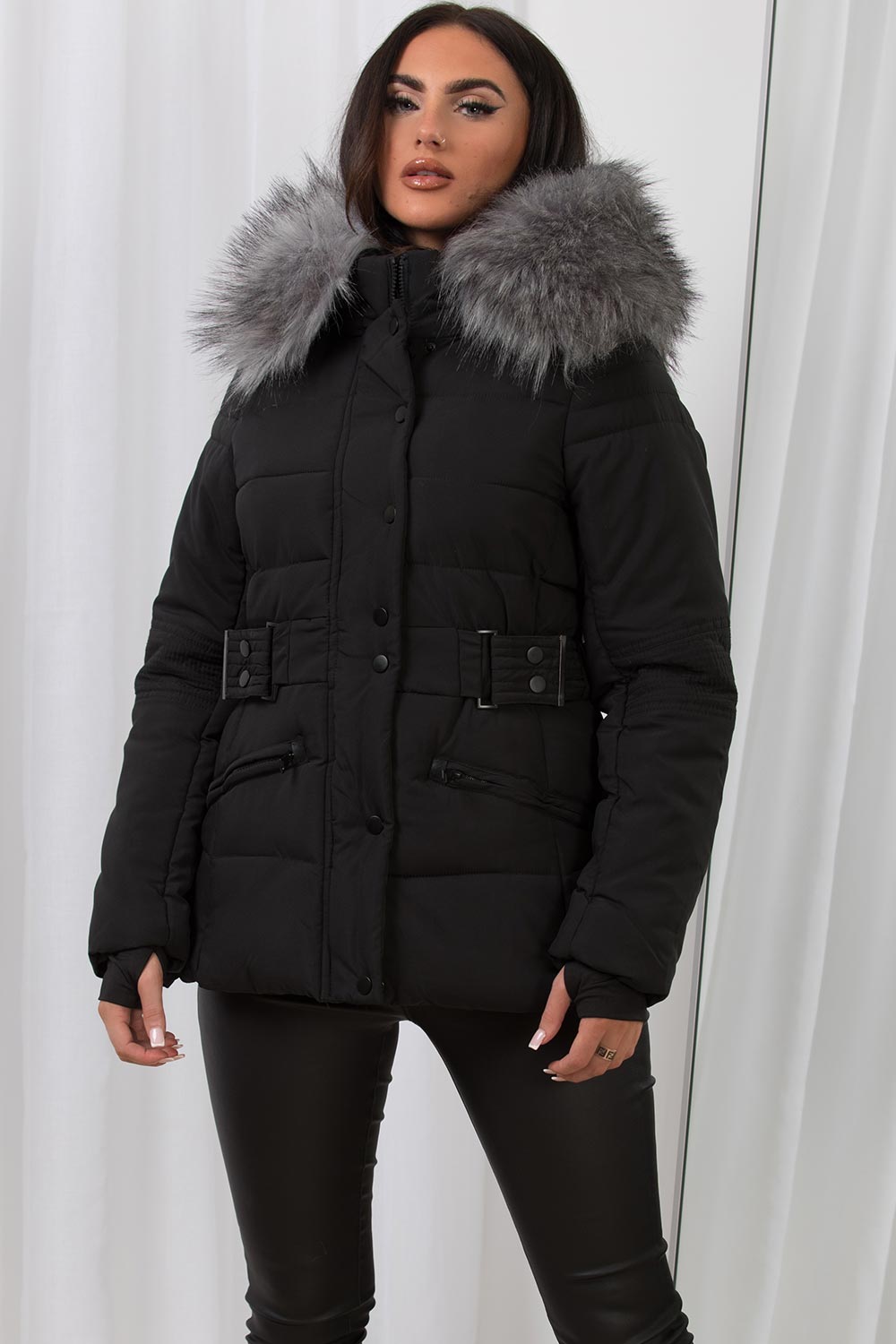 Faux Fur Hood Puffer Jacket With Buckle Belt Black