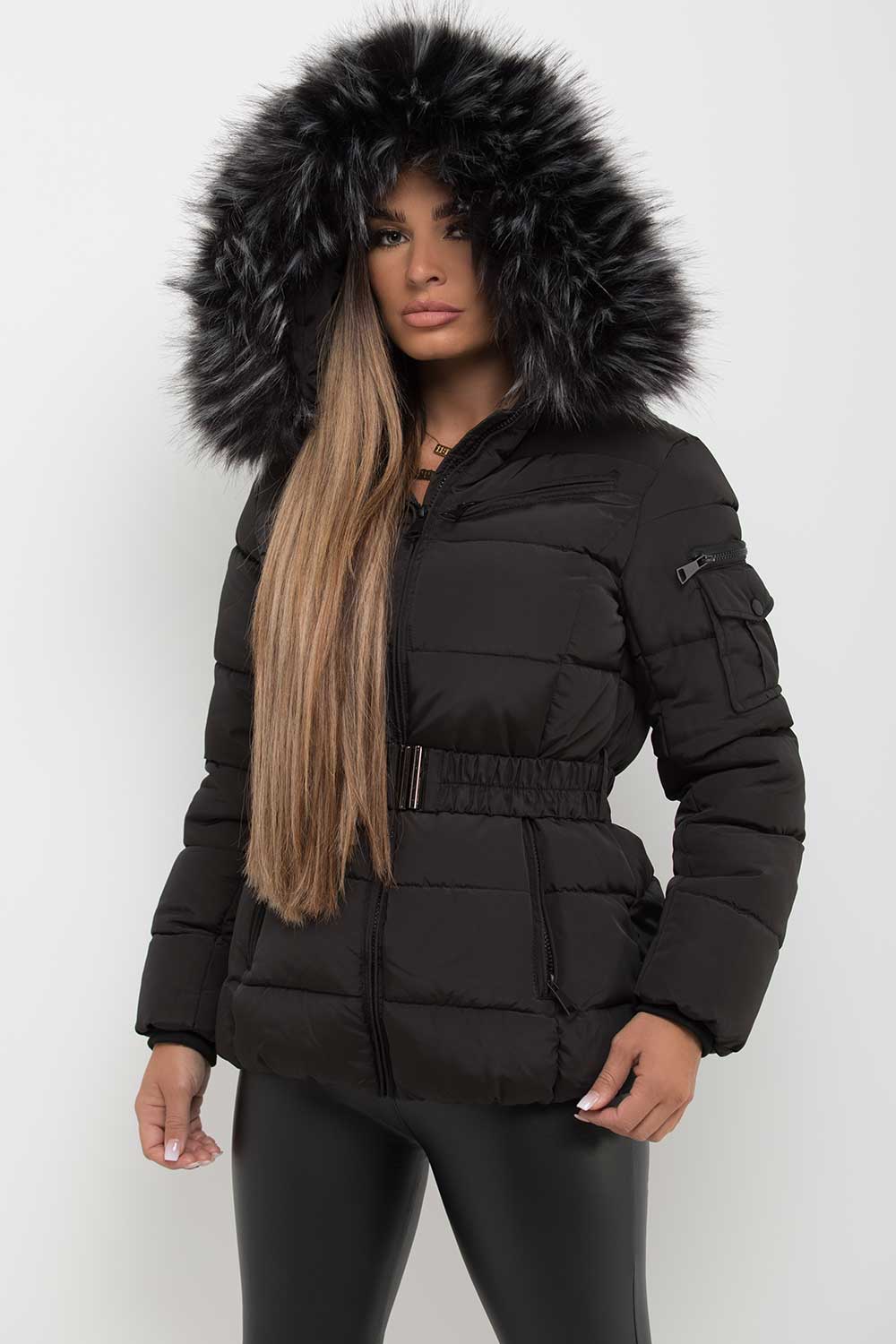 Faux Fur Hooded Jacket With Belt