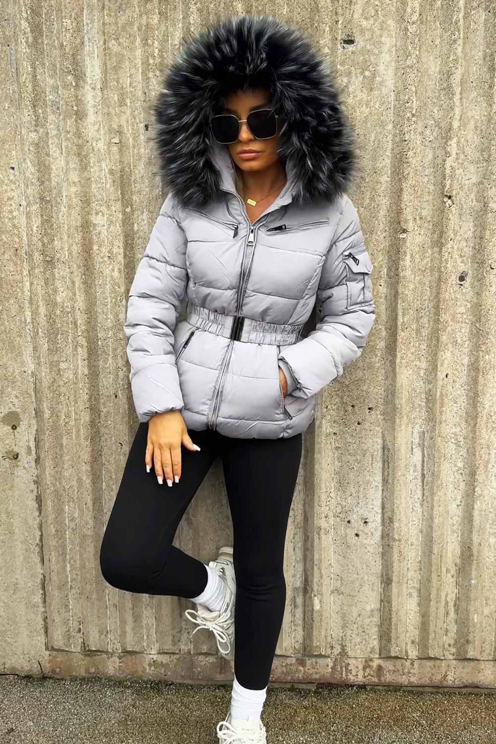 Grey Faux Fur Hooded Jacket With Belt