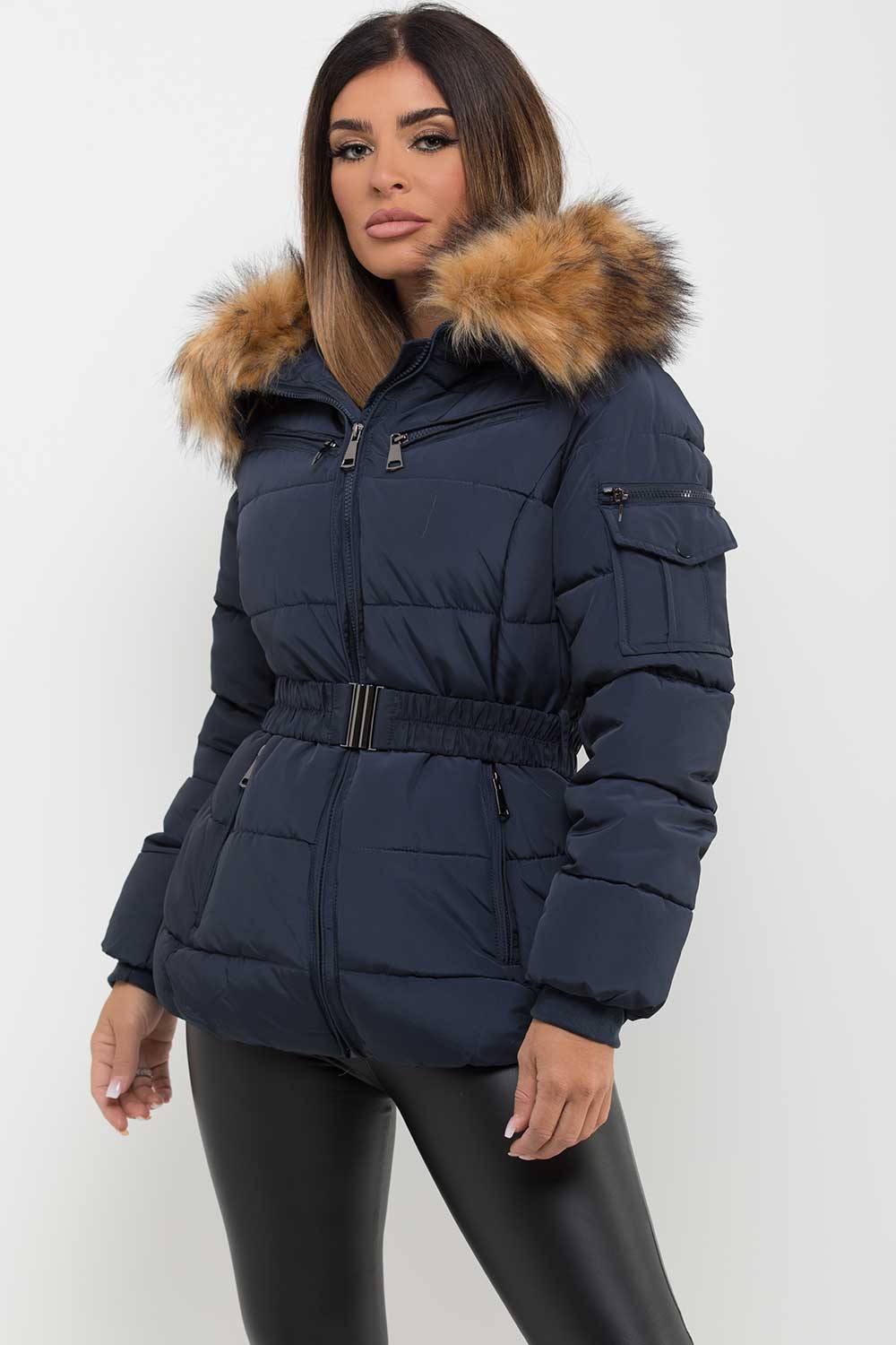 Navy Faux Fur Hooded Jacket With Belt