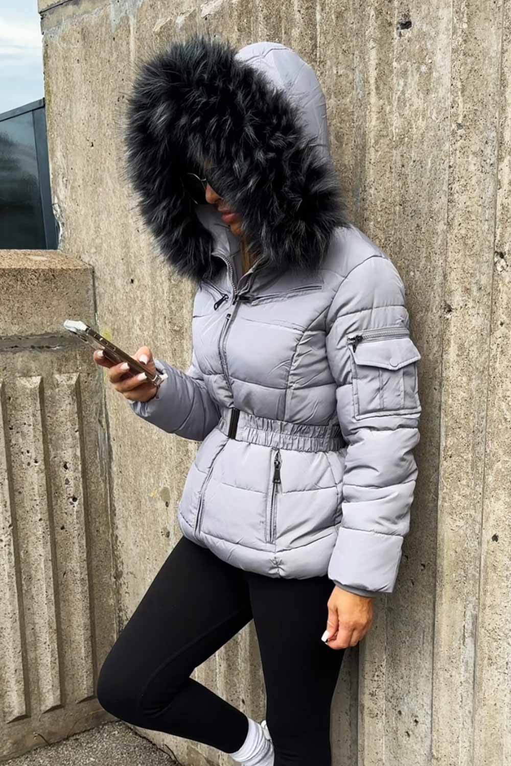 Grey Faux Fur Hooded Jacket With Belt