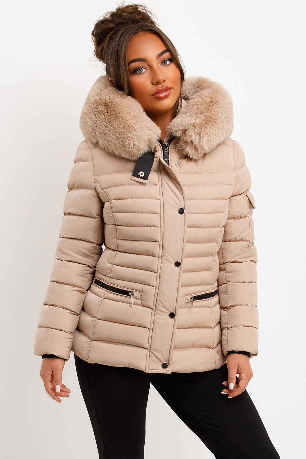 Puffer Jacket With Faux Fur Hood Side Buckle Detail Beige