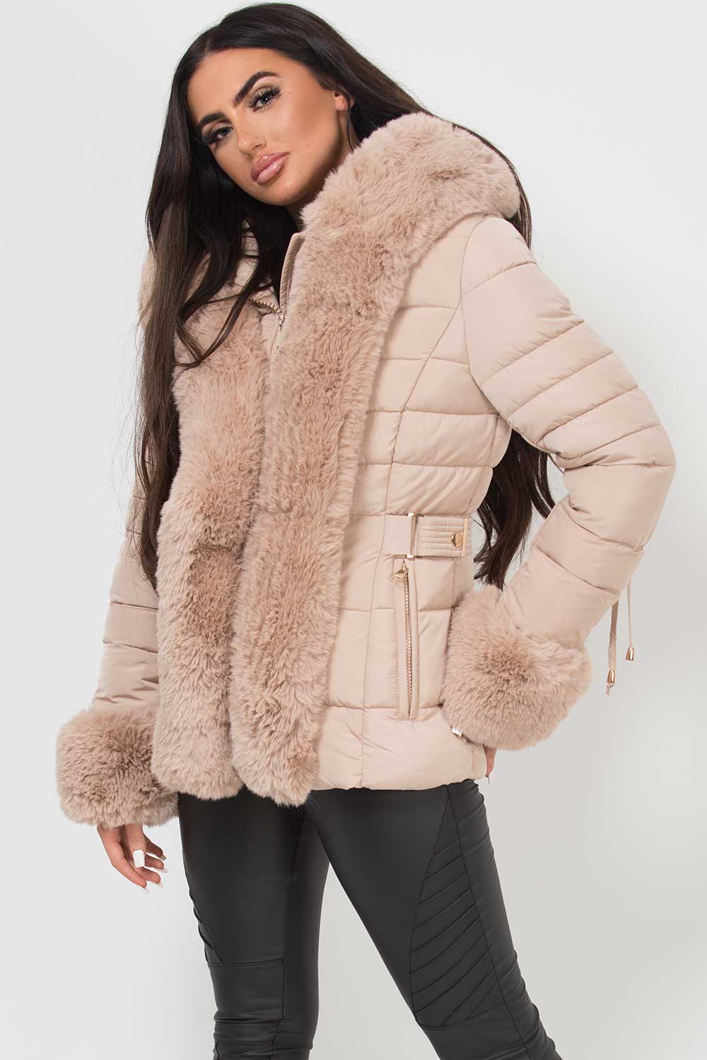 Beige Puffer Jacket With Faux Fur Hood And Cuff