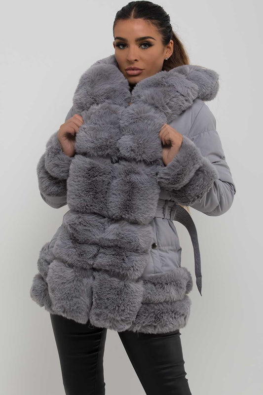 Puffer Jacket With Fur Hood Cuff And Trim Grey