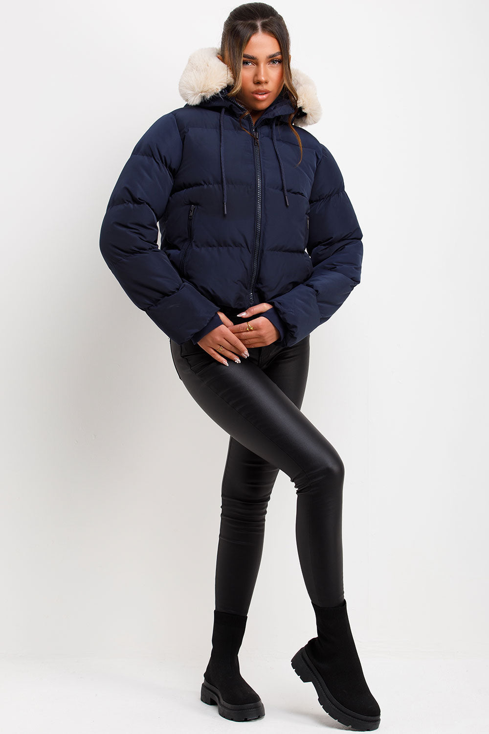 Puffer Jacket With Fur Hood Navy