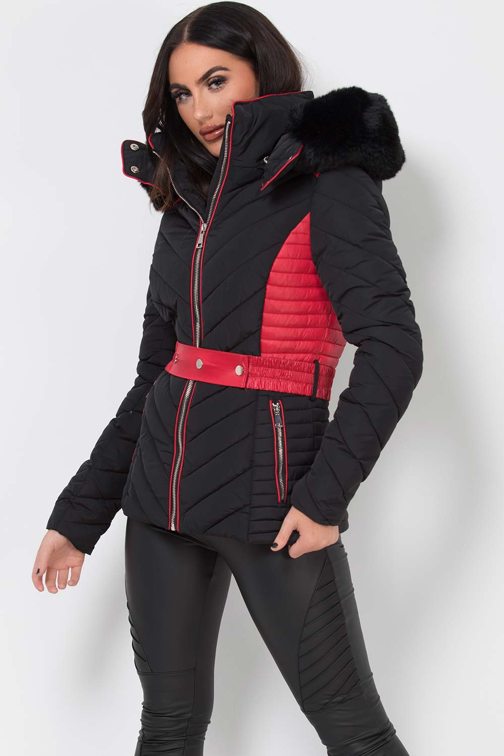 Puffer Quilted Jacket With Faux Fur Hood Belted Black And Red