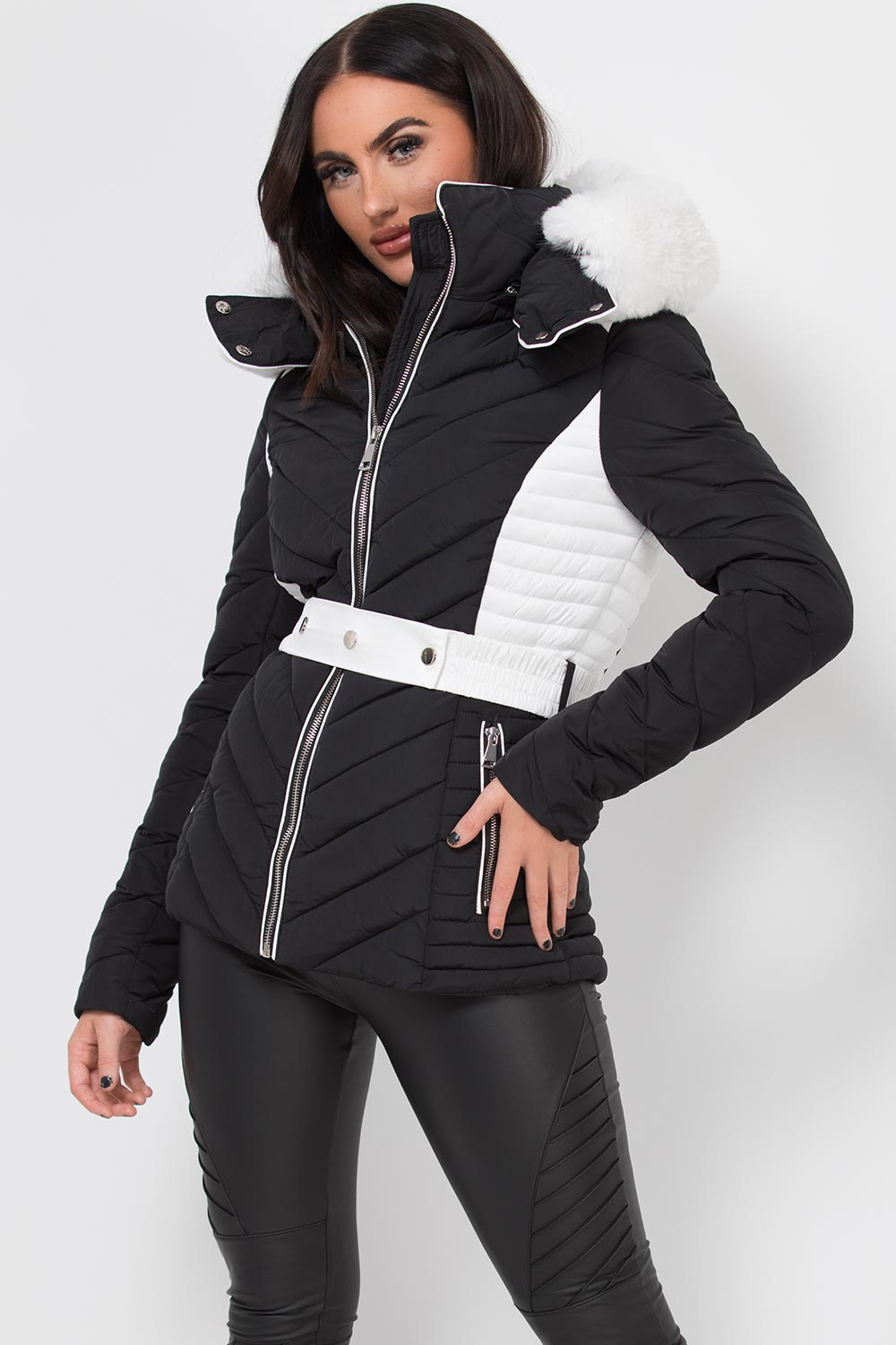 Puffer Quilted Jacket With Faux Fur Hood Belted Black And White