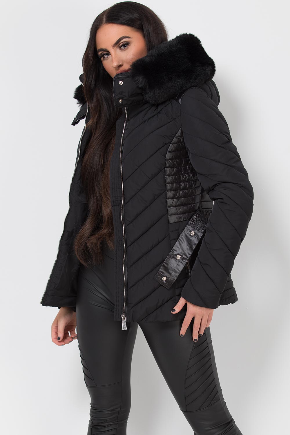 Black Puffer Quilted Jacket With Faux Fur Hood And Belt