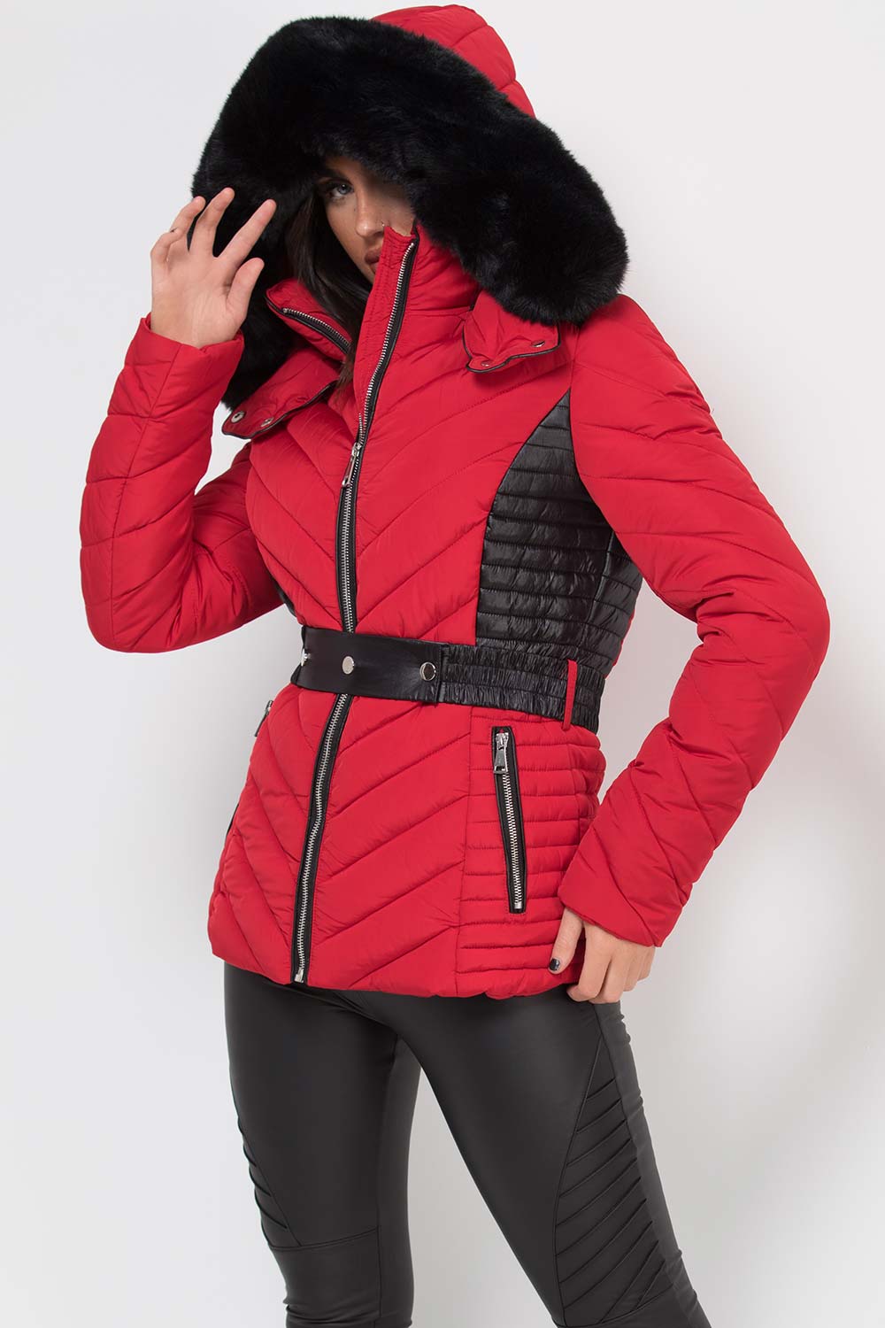 Puffer Quilted Jacket With Faux Fur Hood And Belt Red