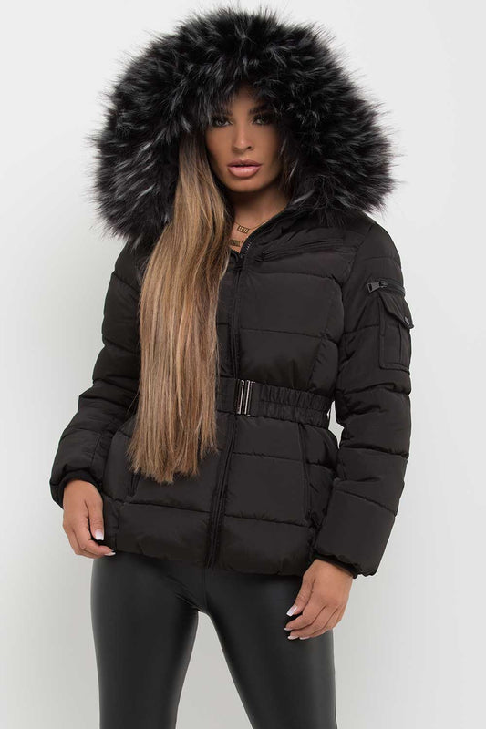 fur hood puffer coat with belt womens