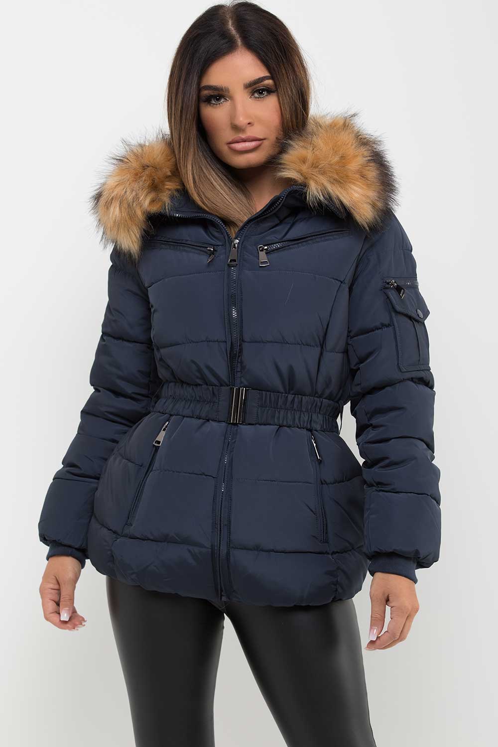 Navy Faux Fur Hooded Jacket With Belt