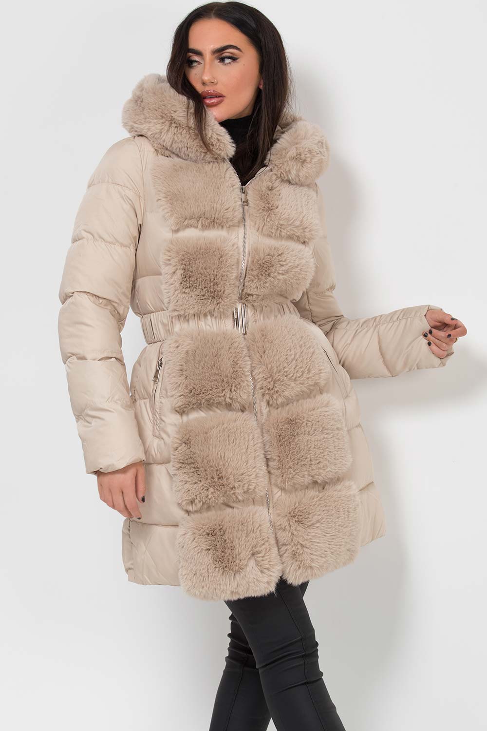 Long Puffer Coat With Faux Fur Hood And Trim Beige