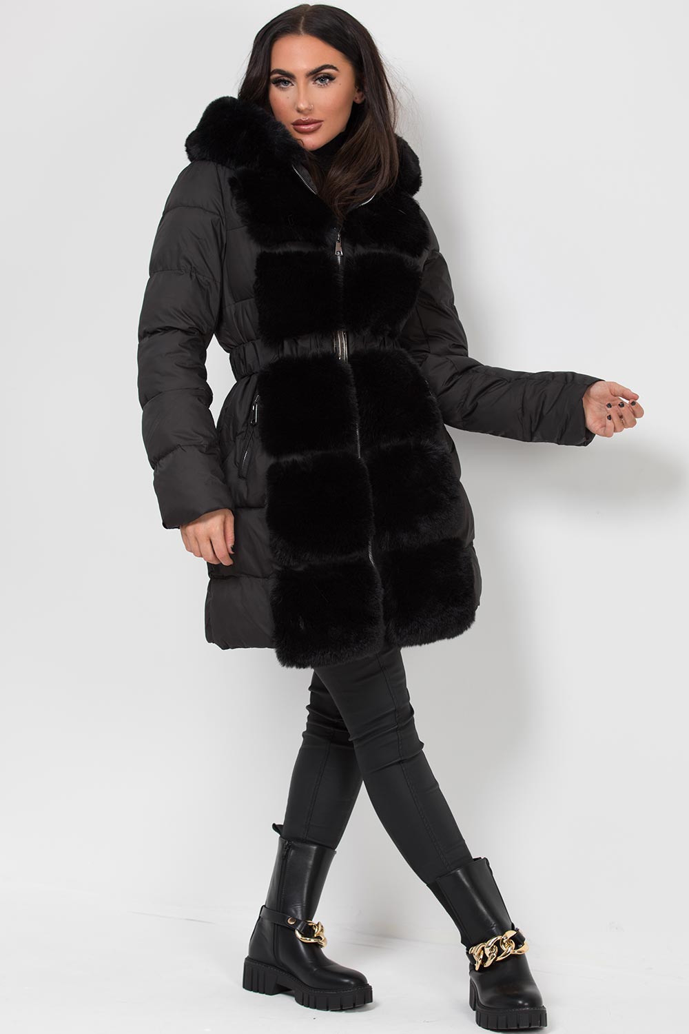 Long Puffer Coat With Faux Fur Hood And Trim Black