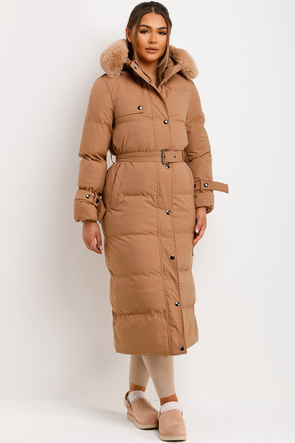 Long Puffer Trench Coat With Belt And Faux Fur Hood Camel