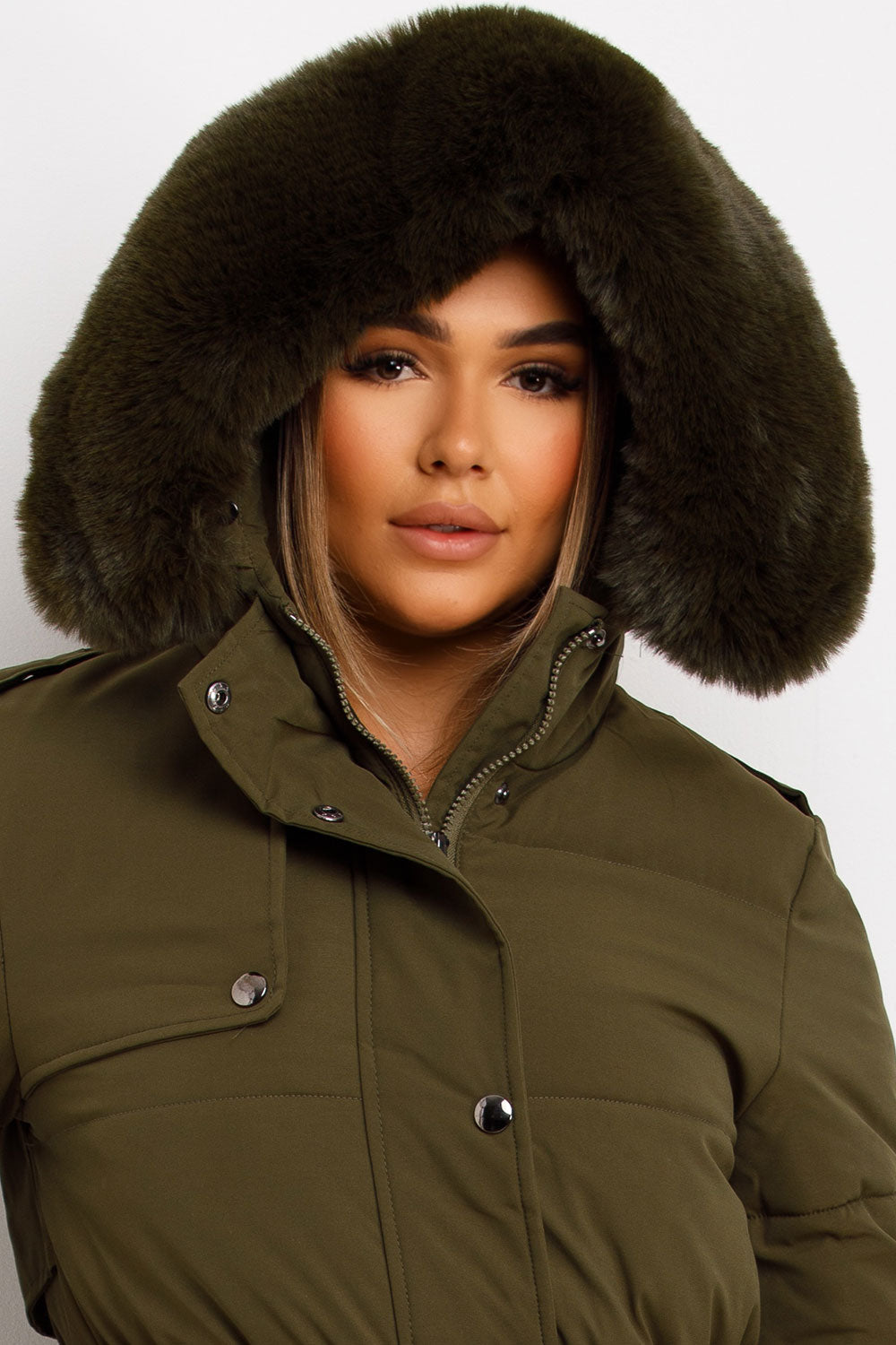 Long Puffer Trench Coat With Belt And Faux Fur Hood Khaki