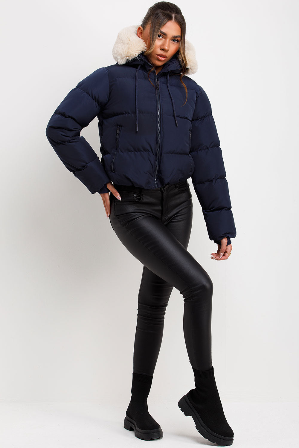 Puffer Jacket With Fur Hood Navy