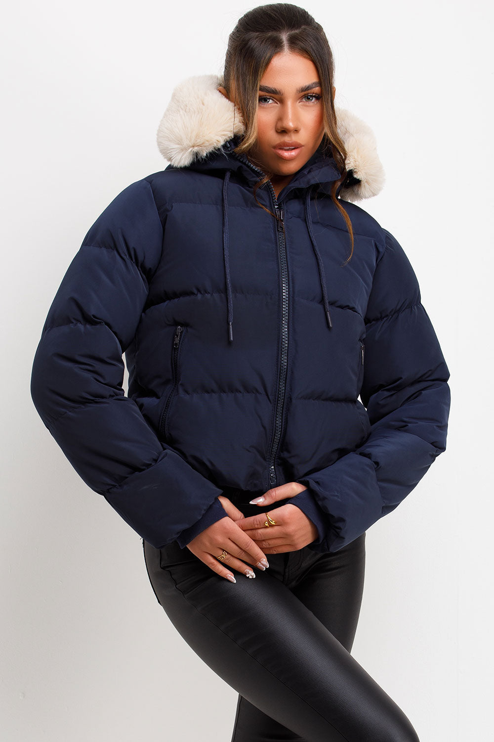 Puffer Jacket With Fur Hood Navy